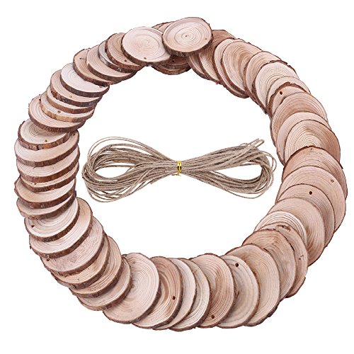 BTOOP 50 Pieces Wood Slices with Holes Natural Unfinished Predrilled DIY Round Discs Ornaments Tree Bark Wooden Circles with 33 Feet Natural Jute Twine Holes Round Log Discs 1.96 Inch - 2.36 Inch