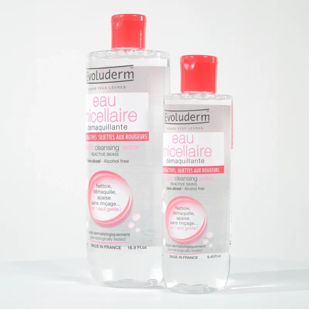 EVOLUDERM - Eau Micellaire Démaquillante Peaux Réactives, Sujettes Aux Rougeurs - 500 ml - 93% d'Origine Naturelle - Végan - Fabrication Française - Lot de 3 x 500 ml