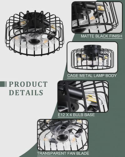 13'' Low Profile Small Flush Mount Farmhouse Industrial Caged Ceiling Fan With Lights, 6 Speed Bladeless Black Ceiling Fan With Remote Control For Living Room, Bedroom, Kitchen (Black) #TOP3