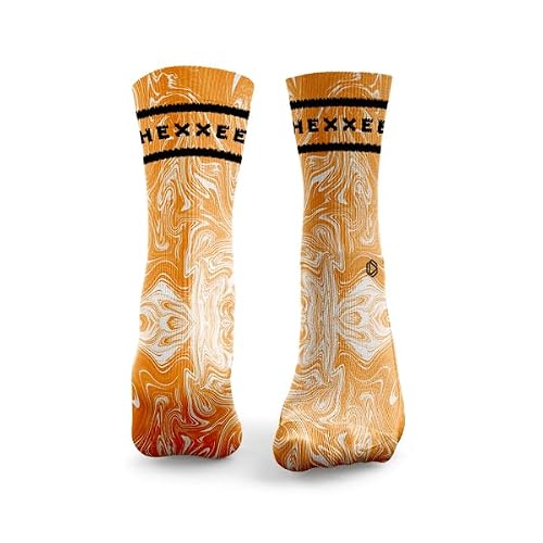 Image of HEXXEE Marble 2Lines Women Crew Socks - Cushioned Sports Running Crew Socks with Arch Support - Anti Blister Compression Socks, Soft Cotton Crew Length Socks - Orange, 7.5-10 UK / 9.5-12 US
