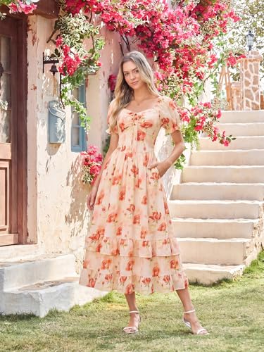Image of Scarlet Darkness Women Floral Maxi Dress Puff Sleeve Tea Party Corset Dress | Pockets, Ruched Bust, Ruffled Hem, for Cottagecore Fairy Milkmaid Vacation