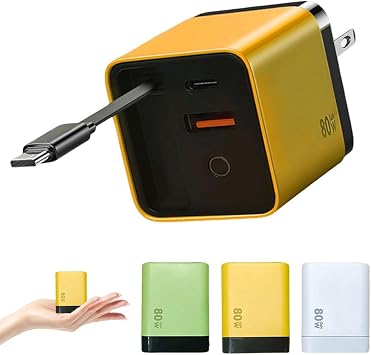 3 in 1 Charger Retractable 80W MAX Fast, 2025 New Fast Charger Module with Type C Cable and USB Ports, Phone Wall Plug for iPhone, Phone and Laptops Yellow