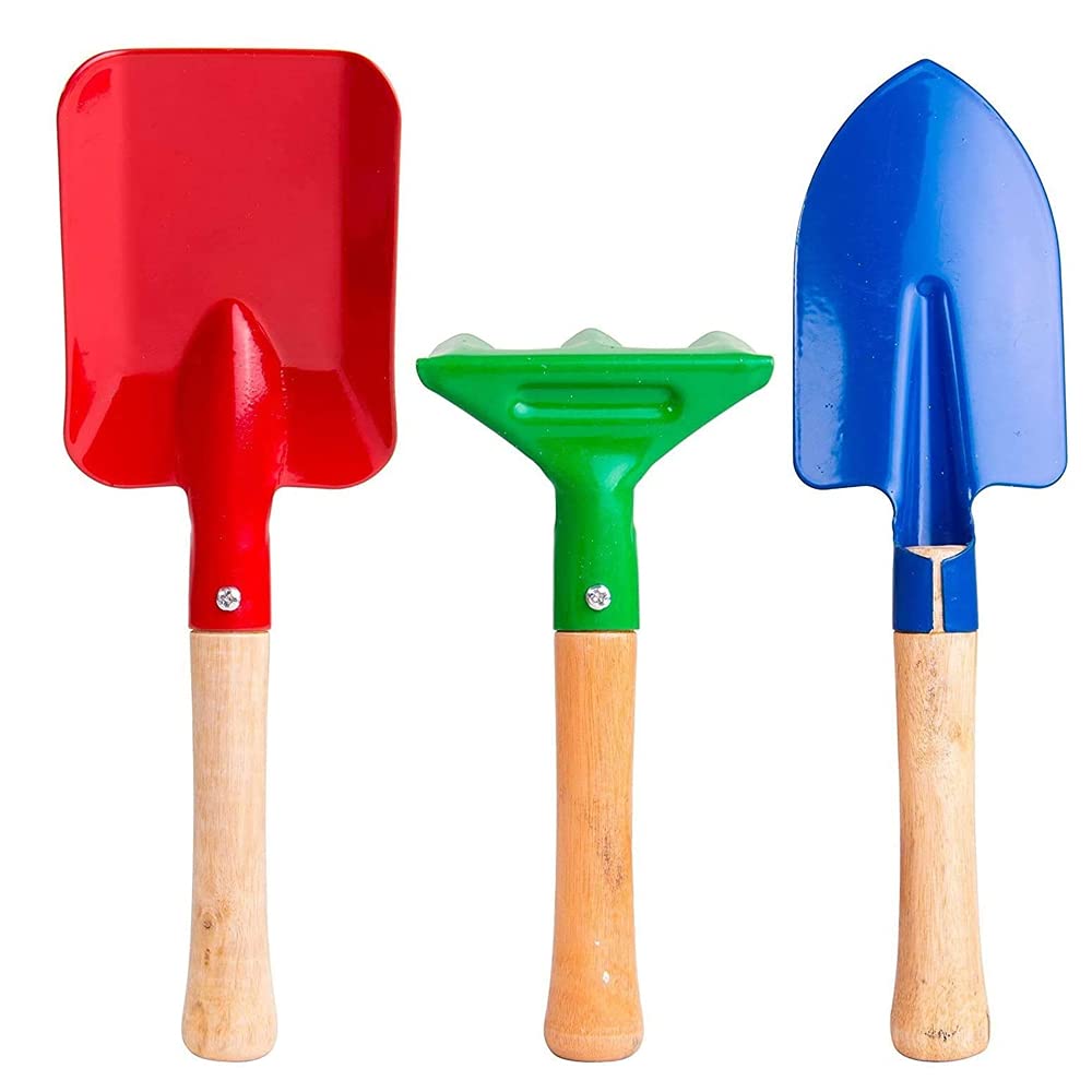 BZCSHOW Garden Tools 3-Piece Set, 8" Metal with Sturdy Wooden Handle Safe Gardening Tools Trowel, Rake & Shovel for Women, Men, Teens Beach Sandbox Toy