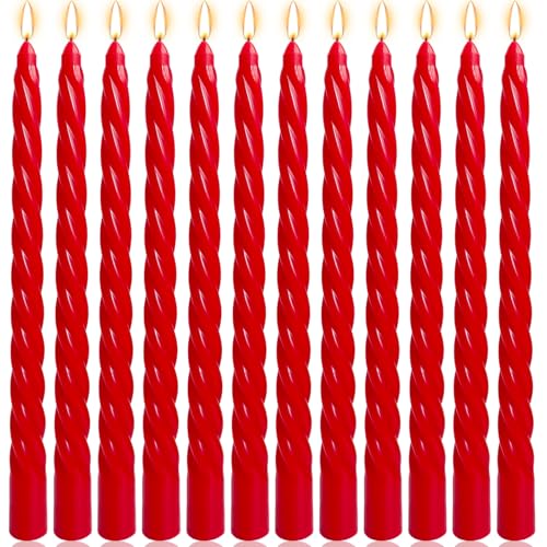 10 Inch Red Twisted Taper Candles Set for Christmas and Valentine's Day, 12 Pack Unscented Candlesticks, Dripelss Tapered Candles for Wedding Religious and Political Events