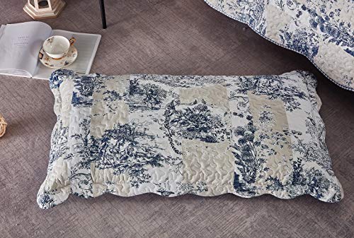 Brilliant Sunshine Blue Toile In Beige And Ivory Patches, 3-Piece Quilt Set With 2 Shams, Reversible Bedspread, Soft Lightweight Coverlet, All-Season, King, Blue #TOP3