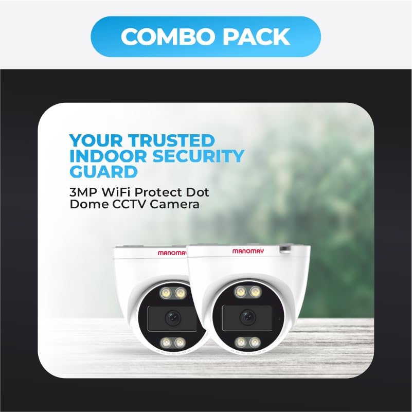 Image of MANOMAY 3MP WiFi CCTV Dome Camera (Pack of 2) BIS-ER STQC Certified, Full Color Night Vision, AI Human Detection, 2-Way Audio, 10X Zoom, Memory Card Up to 256GB, Cloud Storage, Alexa Support