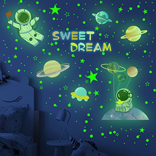 Watercolor Stars Wall Decals Glow In The Dark, Moon Astronaut Wall Stickers For Bedroom, Baby Nursery Planets Decoration For Ceiling #TOP7