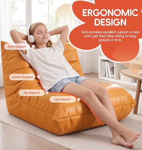 Image of Hobestluk Small Bean Bag Chair Waterproof Leather Beanbag Lazy Floor Sofa Bean Bags with Memory Foam Filled Lounge Sofa Armless Chair for Bedroom Playroom and Reading Dorm Easy Clean (Orange, Medium)
