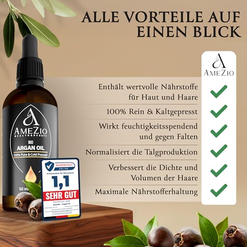Arganöl Bio Kaltgepresst I Für Haare, Gesicht, Körper, Haut I Arganöl baby I 100% rein und nachhaltig I Natürlich für Kosmetik I Hautpflege I Vegan und Tierversuchsfrei I 50 ml