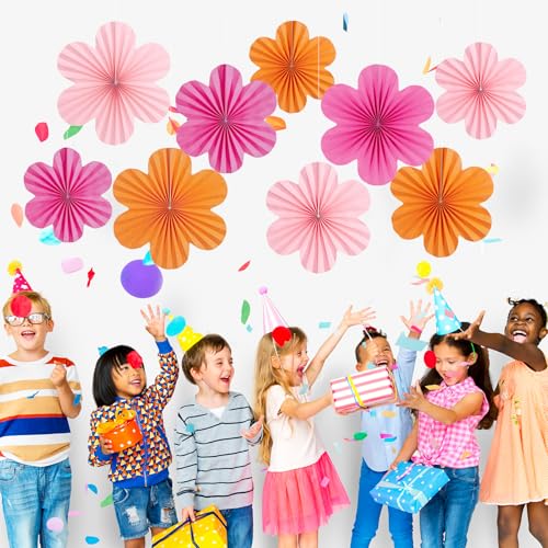 Image of SUNBEAUTY 9 Pcs Hot Pink and Orange Paper Flowers Decorations for Wall, Spring Summer Vibrant Decorations for Wall Rock Party Girl Groovy Birthday Baby Shower Wedding Bachelorette Room Hanging Decor