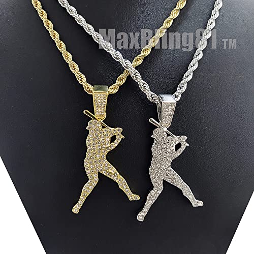Iced Lab Diamond Gold Silver Plated Baseball Hitter Pendant & 4mm 24" Rope Chain Hip Hop Jewelry Necklace3