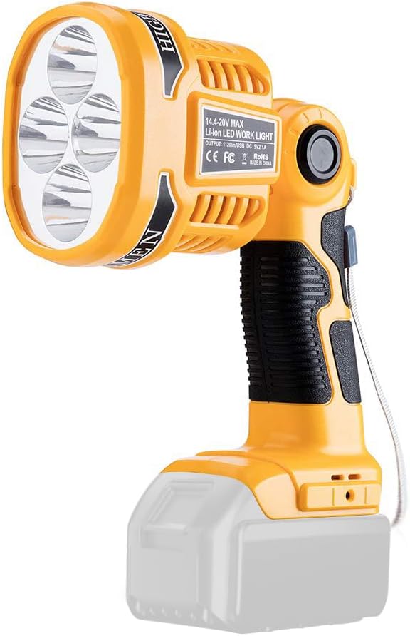 Hipoke 20V LED Work Light for Dewalt Lithium Ion Battery, 12W 1120LM Rechargeable Spotlight with USB Port, Emergency Handheld Jobsite Light with 110 Degree Pivoting Head…