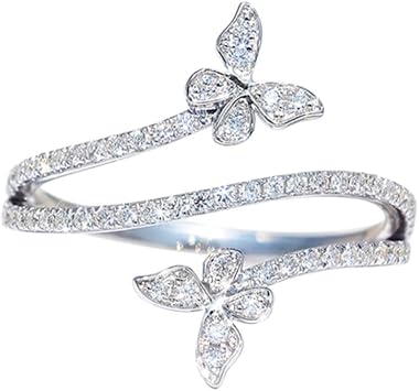QUSIIOSLK 925 Sterling Silver Shiny Full Diamond Butterfly Ring with Three Row AAA Cubic Zirconia Anniversary Promise Rings Eternity Animal Statement Band Ring for Women Jewelry 6