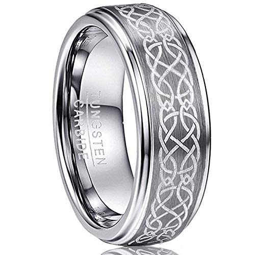 Vakki 8mm Celtic Knot Silver Brushed Tungsten Carbide Ring for Men Wedding band Comfort Fit Size 14