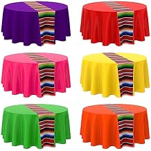 Oudain 6 Pcs Mexican Fiesta Tablecloth 84 Inch Cinco De Mayo Round Tablecloth Plastic Tablecover Waterproof Striped Serape for Mexican Carnival Wedding Taco Loteria Party Decor Multicolor