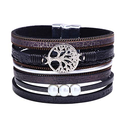 Boodtag Lebensbaum Wickelarmband mit Schmuck Premium Armband für Herren Damen Anker Leder Armband mit Magnetverschluss Boho Partnerarmbänder Armreif