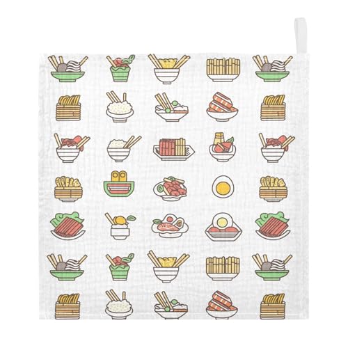 Image of vvfelixl Asian Food Icons Baby Burp Cloths Baby Muslin Washcloths for Boys Girls Cotton Babys Face Towel for Newborn Soft 11.8 X 11.8 in, 5 Pack