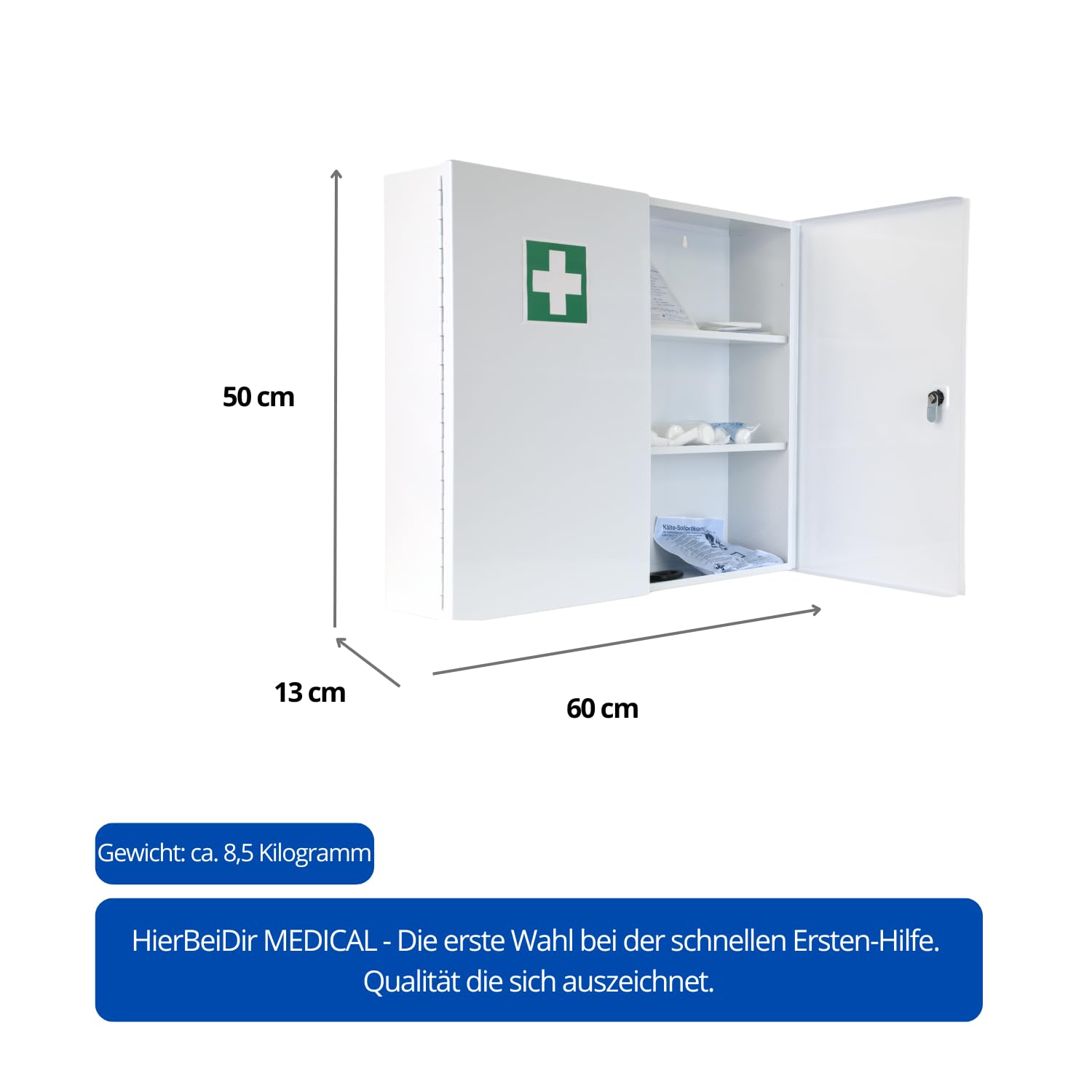 Botiquín de primeros auxilios DIN 13157:2021 con 3 compartimentos (dos puertas), compartimento para medicamentos con cerradura y cerradura de seguridad, de metal, 60 x 50 x 13 cm, grande, resistente