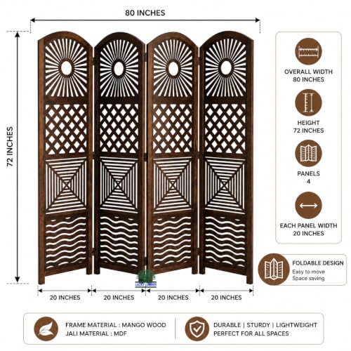 Image of Wooden Room Divider Partition for Living Room | Foldable 4 Panel Decorative Privacy Screen Separator for Home, Office & Bedroom | Modern (Dark Brown)
