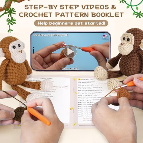 Crochetta Crochet Kit for Beginners, Crochet Kits with Step-by-Step Video Tutorials, Learn to Crochet Animal Kit for Adults Kids, DIY Craft Knitting Supplies, Monkey Amigurumi Gift(40%+ Yarn) - 2