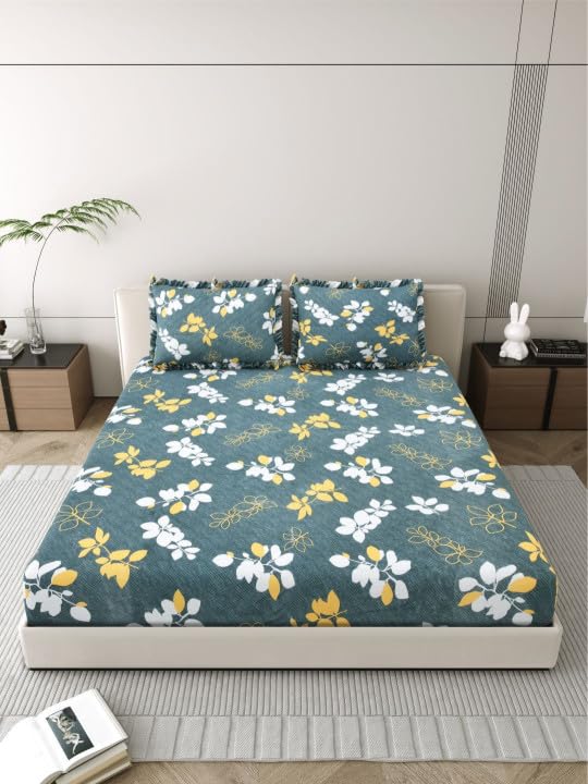 Image of 350 TC Premium Heavy Cotton Feel Elastic Fitted Bedsheet King Size with 2 Frill Pillow Covers King Size || Double Bed with All Around Elastic (Green Yellow, Queen)