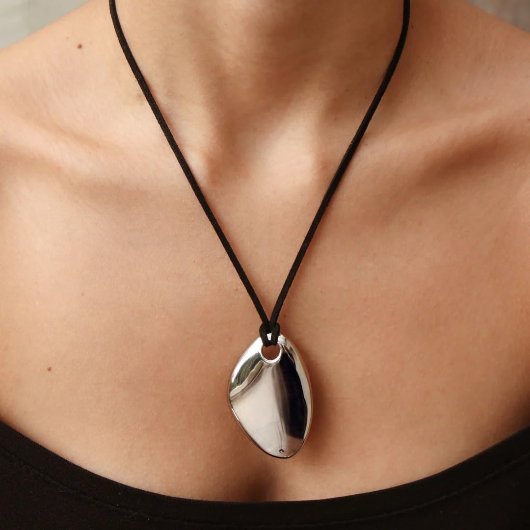 Minimalist Wishbone Cord Necklace With Sculptural Pendant For Women | Hypoallergenic 18K Gold Plated Stainless Steel Chunky Statement Pendant Necklace | Adjustable Black Choker With Boho Style - Image 2