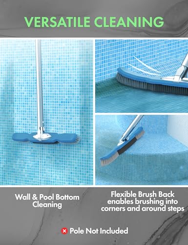 KEMANO Heavy Duty Pool Brush Head, Premium Nylon Bristles Non-Abrasive Cleaning, Reinforced Aluminum Frame, Ideal for Pool Walls, Steps, Corners, Above Ground & Inground Swimming Pool Cleaning Tools