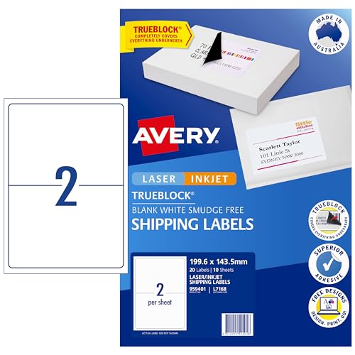Avery Trueblock A4 Internet Labels for Laser & Inkjet Printers - Printable Shipping & Address Labels - Mailing Stickers - White, 199.6 x 143.5 mm, 20 Labels / 10 Sheets (959401 / L7168)