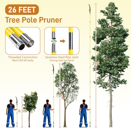 Image of VINGLI 26FT Manual Pole Saw for Tree Trimming, Extendable Tree Pruner, Sharp Steel Blade and Scissors, High Tree Branch Cutter with Lightweight 8 Fiberglass Long Handles, for Pruning Palms and Shrubs