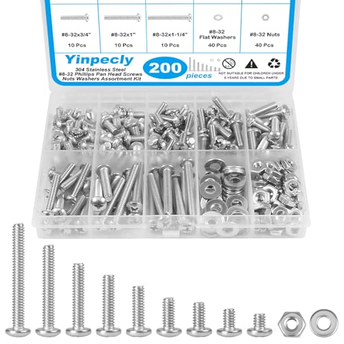 Yinpecly 200pcs #8-32 Phillips Pan Head Machine Screws Nuts Washers Assortment Kit,304 Stainless Steel, Coarse Thread, Fully Machine Thread(#8-32x 1/4