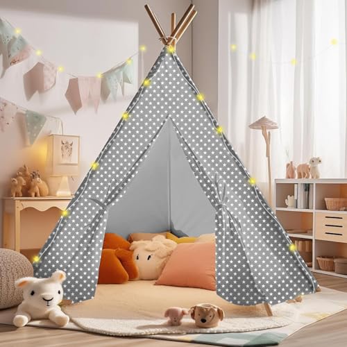 Chic Grey and Stars Kids Teepee Tent with Magic Star Lights, Large and Durable 100% Cotton Tipi Play Tent for Boys and Girls, Ideal for Imaginative Cozy Indoor Playhouse Easy Setup and Foldable Design