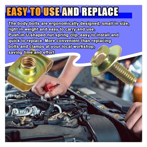 40PCS Car Body Bolts M6-1.0 & Extruded U-Nuts Clips Kit, Bumper Fenders Liner Push Retainer Fastener Kit for Engine Under Cover Undertray, Universal Splash Shield Guard Bolts Clips for Most Cars - Thumbnail 5