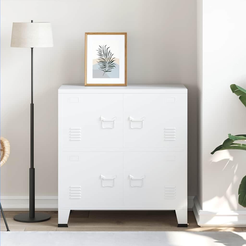 Industrielle Aufbewahrungstruhe aus Stahl Weiß 75x40x80 cm mit 1 Einlegeboden und Namensschildern, Stahlfüße mit Kunststoffkappen, Lüftungsschlitze, für Büroorganisation