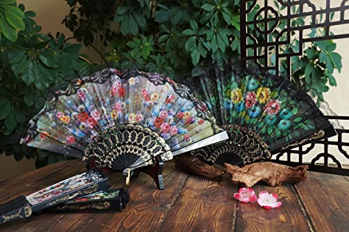 Hunanbang 1 Dozen 12 Pieces Folding Hand Fans Church Wedding Gift, Party Favors, Diy Decoration Gift Size9 Wholesale 12Pack (Flower) #TOP3