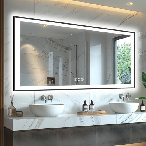 60x30 Lighted Bathroom Mirror, Wall-Mounted, Black Rim Mirror, Vanity(Front and Backlit), Stepless Dimmable CRI90+, Anti-Corrosion, Anti-Rust, Touch Sense, Memory(Horizontal/Vertical)