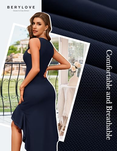 Image of BeryLove Formal Mesh Sexy Ruched Bodycon Midi Dresses Elegant Sleeveless Ruffle Hem Cocktail Party Summer Dress 7090 Navy M
