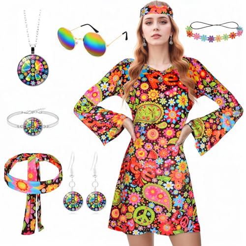 Disfraz Hippie Mujer, Disfraz Años 70 Mujer, 7 Piezas Accesorios Hippie con Gafas De Sol, Collar, Pendientes, Flores De La Paz y Diadema con Diseño De Sol para Fiesta De Verano, Discoteca y Carnaval