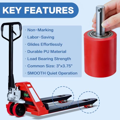 Image of A Pair Pallet Jack Load Wheels Replacement Kit 3 inchx3.75 inch(74.5mm x 93mm) Red | Including Heavy Duty PU Tread Wheels,Pre-Installed Bearings ID 20mm,Axles& Pins, Also for Manual Hand Lift Truck Rear