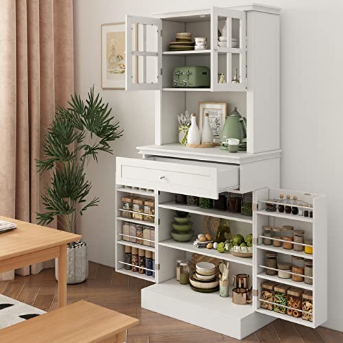 AGOTENI 72.3\" Kitchen Pantry Cabinet, Modern Tall Cabinet with Glass Doors and Adjustable Shelves, Freestanding Utility Storage Cabinet Cupboard for Kitchen, Living Room, Dining Room, White