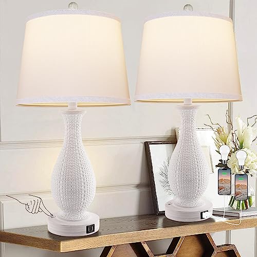 Touch Control Table Lamps Set of 2, Farmhouse Boho Bedside Lamp with 2 USB Ports, 3-Way Dimmable White Nightstand Lamp with Fabric Shade for Living Room Bedroom Home Office (LED Bulbs Included) Touch Control Table Lamps Set of 2, Farmhouse Boho Bedside Lamp with 2 USB Ports, 3-Way Dimmable White Nightstand Lamp with Fabric Shade for Living Room Bedroom Home Office (LED Bulbs Included)
