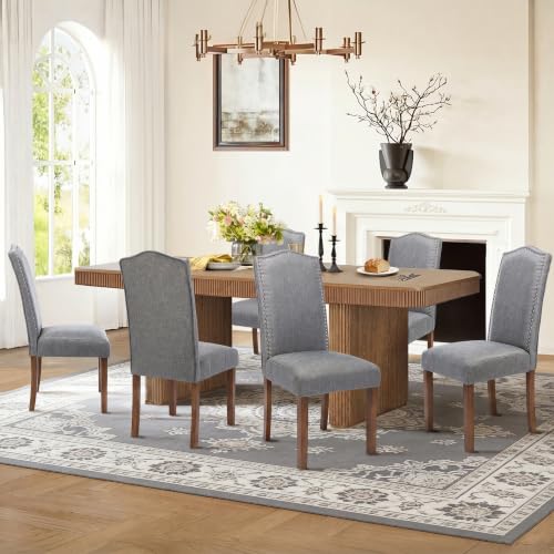 Upholstered Dining Chair Modern Stylish Parsons Kitchen Diner High Back with Silver Nailhead Trim & Wood Legs, Set of 6, Fabric Classic Grey