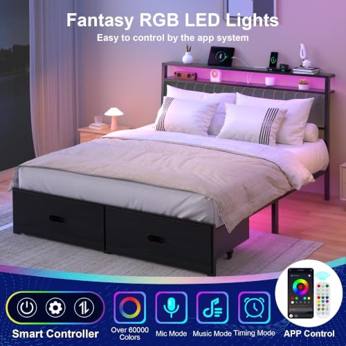 Image of Queen Bed Frame with 2 Drawers, Platform Bed Frame with LED Lights and Charging Station, Upholstered Headboard, Heavy Duty Metal Slats, No Box Spring Needed, Noise Free, Easy Assembly