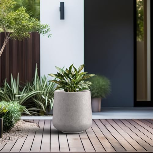 Image of Kante Accent Round Curved CON Gray Concrete Planter 13 inch Dia, Outdoor | Rubber Plug for Indoor, Drainage for Garden, All-Weather Cement Flower Pot, Handcrafted, Anti-Frost & UV, Modern Home Decor