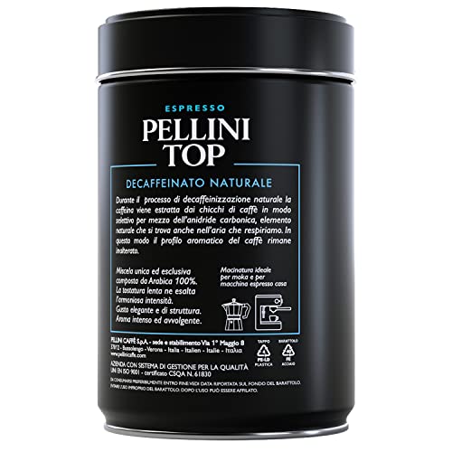 Pellini Top Decaffeinato Naturale, Koffeinfrei Gemahlener Kaffee für die Kaffeemaschine mit Karamell- und Schokoladennoten, 100% Arabica Mischung, 250g Packung