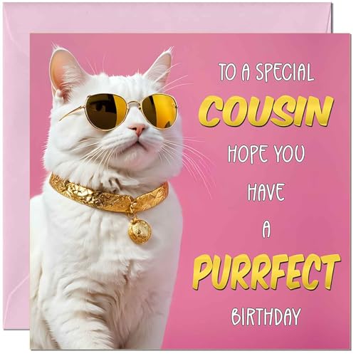 Cousin Birthday Card - Purrfect Birthday - Funny Cat Birthday Cards for Cousin 145mm x 145mm