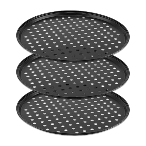 Pizza Pans with Holes Set, 3Pcs Carbon Steel Non-Stick Pizza Oven Trays, Round Perforated Dough Tray Pans for Baking, Roasting, Making Pizza, 12 Inch