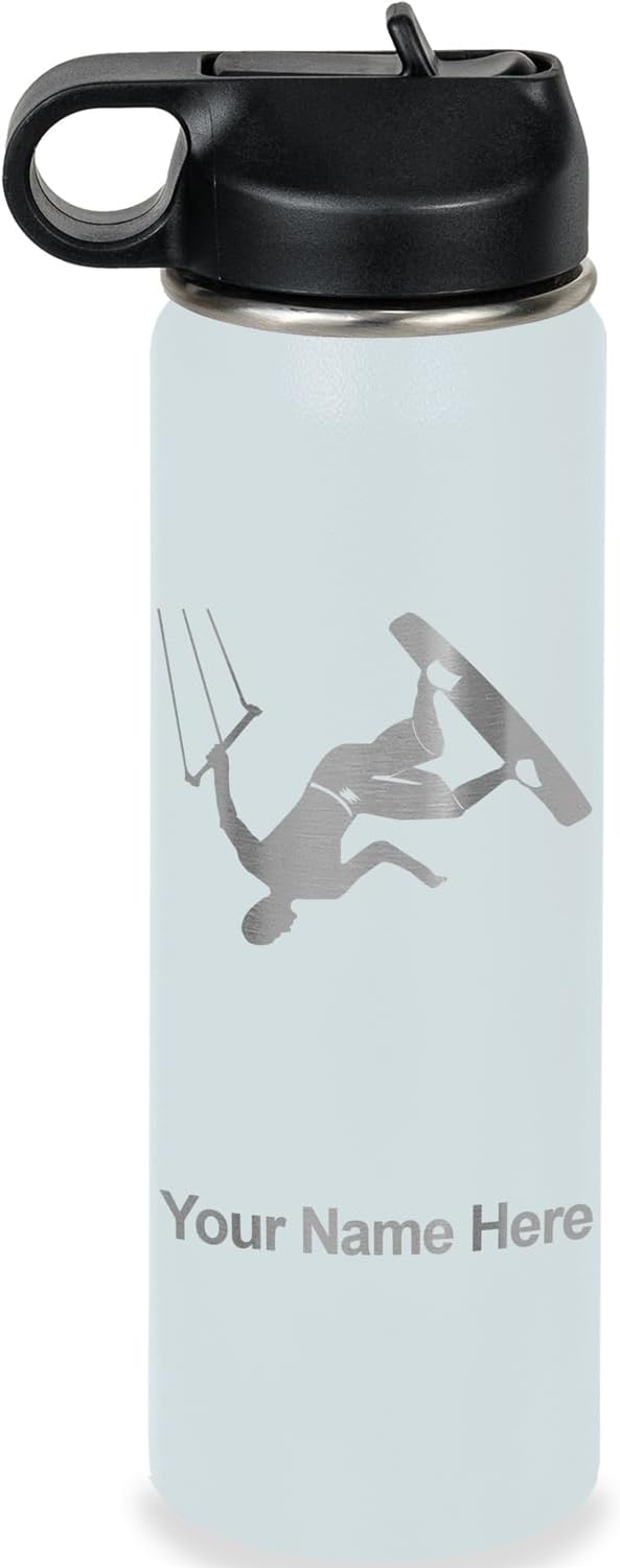 LaserGram Personalized Water Bottle, Kite Surfing, Stainless Steel Double Wall Vacuum Insulated with Flip Top Straw, Custom Engraved Gift (20oz / 590ml Light Blue)