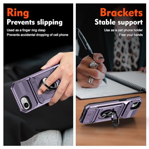 Coque iPhone 16e antichoc violette double couche avec béquille anneau