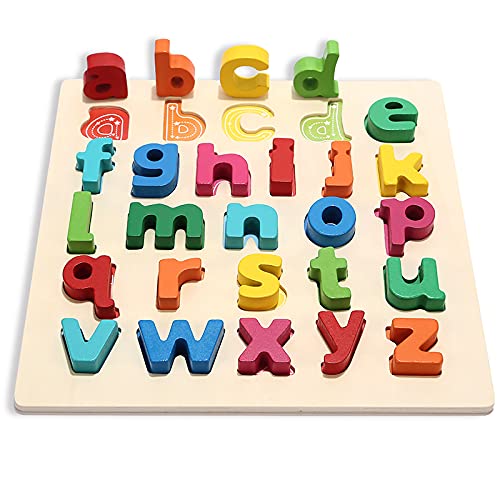 Garlictoys Wooden Alphabet Puzzle, ABC Letter Puzzles for Toddlers 1 2 3 Years Old, Educational Learning Toys for Toddlers, Toys with Puzzle Board & Letter Blocks, Best Gifts for Boys and Girls