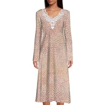 Home Care Line Open Back Nightgown for Ladies Long Sleeve-Assisted Dressing-Floral Print Lace Trim-Hospice Nightgown-Blue-XS/S Ivory/Pink Rose